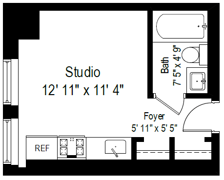 Floor plan for studio, 1 bath, 208 sqft